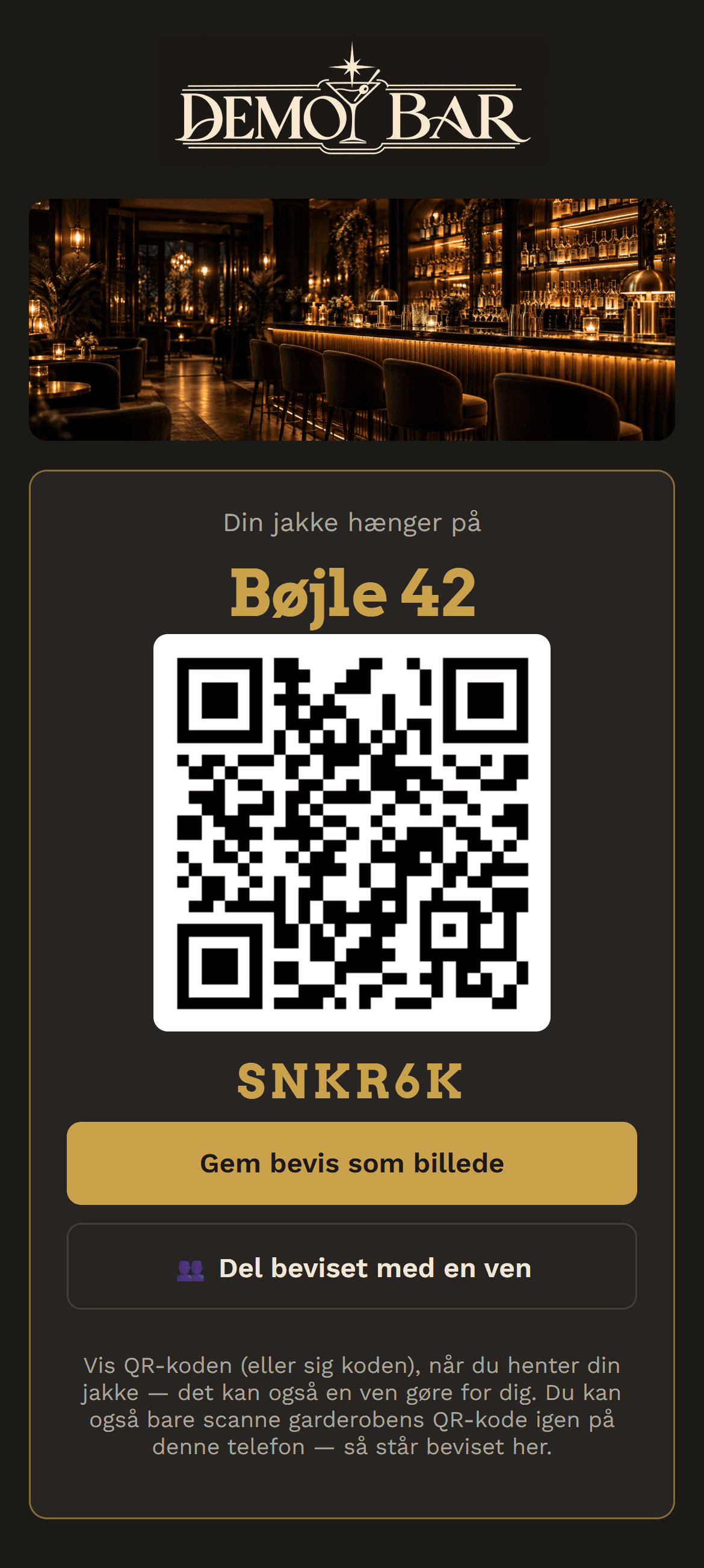 Gæstens bevis på telefonen: bøjle 42 og en QR-kode